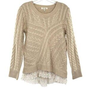 Monteau Women’s Cable Knit Sweater Lace Trimmed